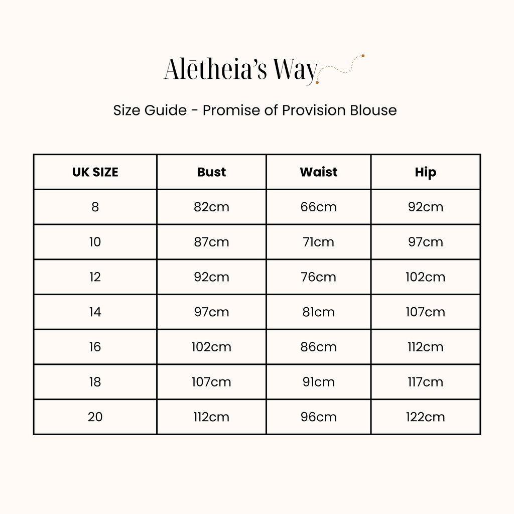 Size guide for Aletheia's Way Promise of Provision Blouse with measurements in centimeters.