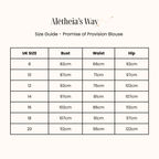 Size guide for Aletheia's Way Promise of Provision Blouse with measurements in centimeters.