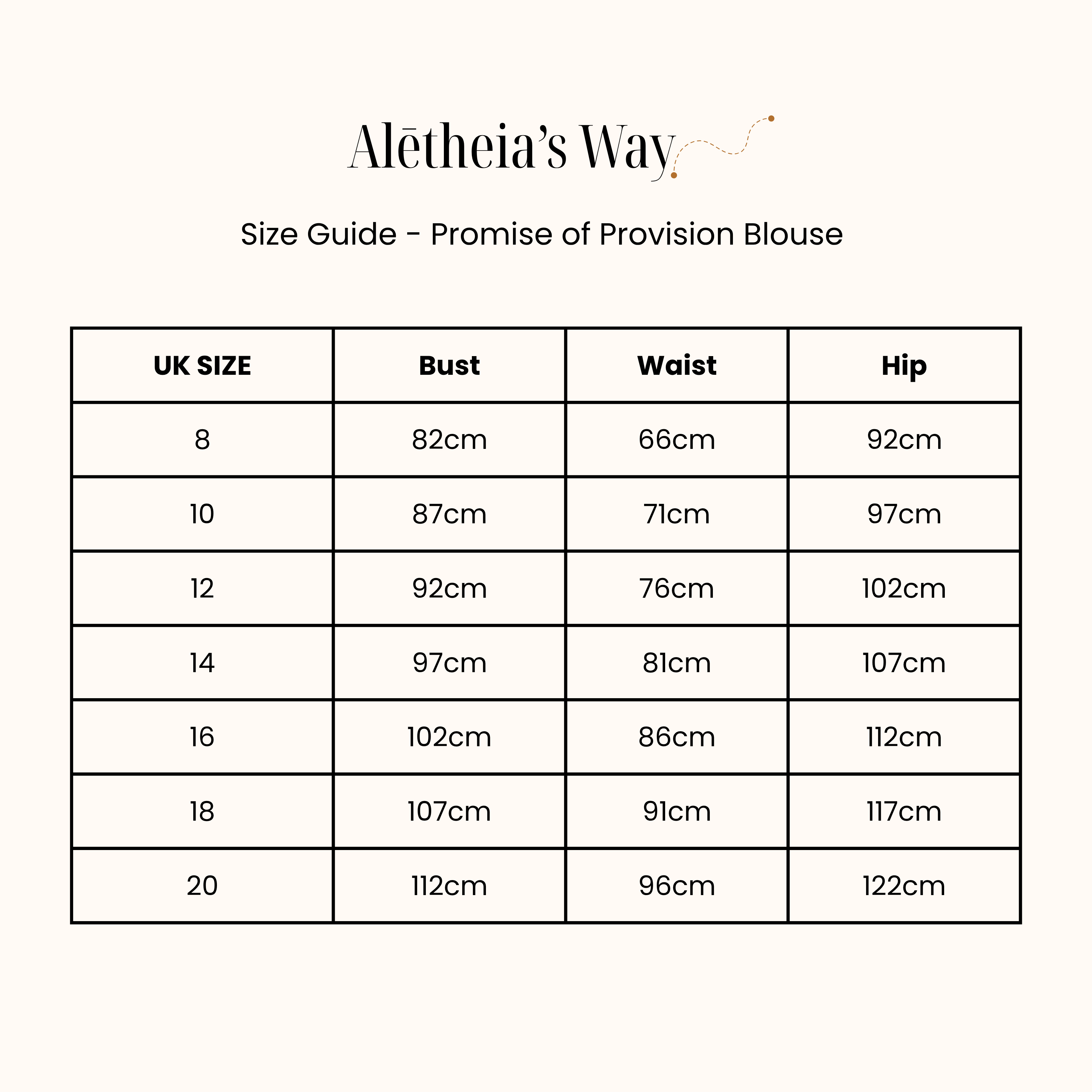 Size guide for Aletheia's Way Promise of Provision Blouse with measurements in centimeters.